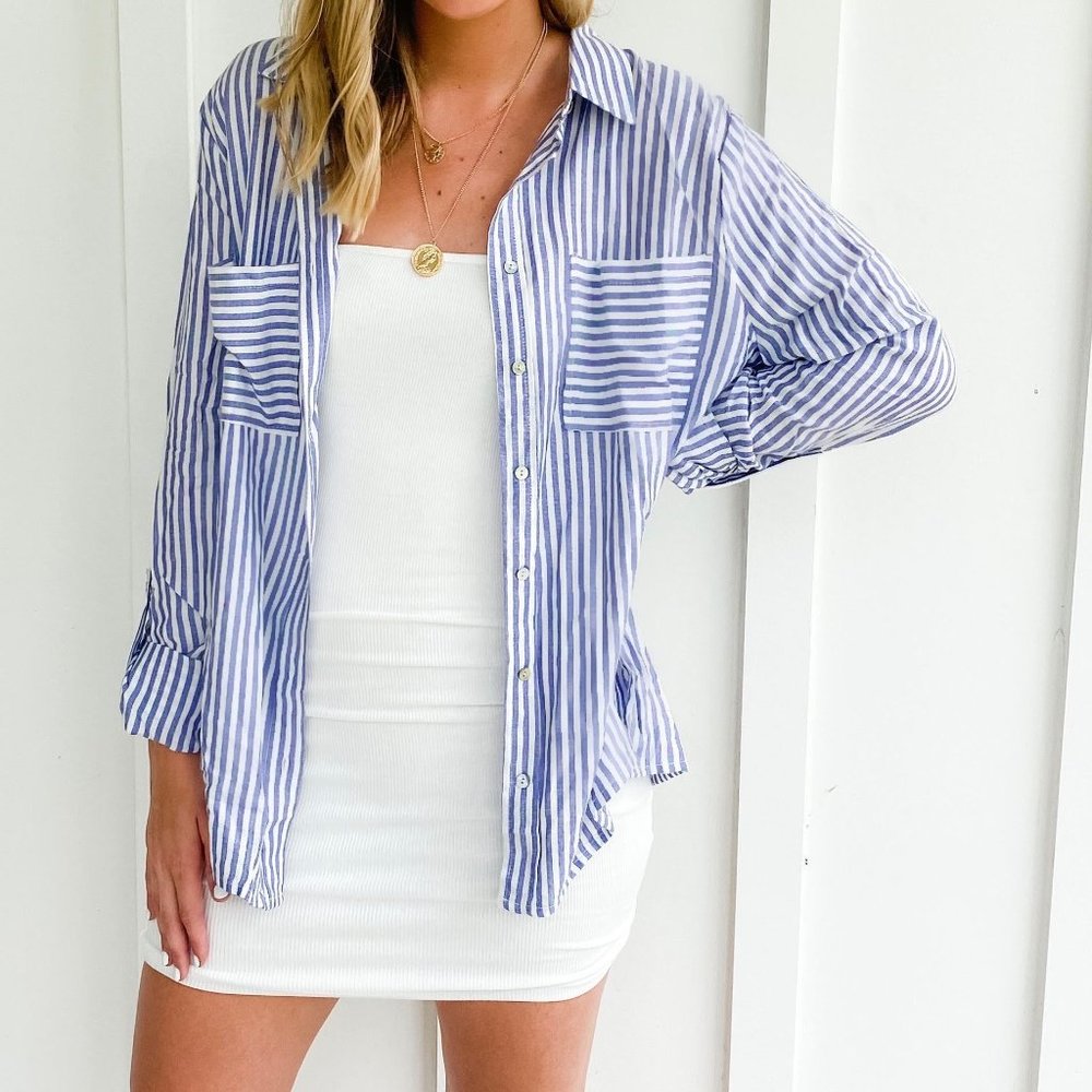 Blue and white striped button down